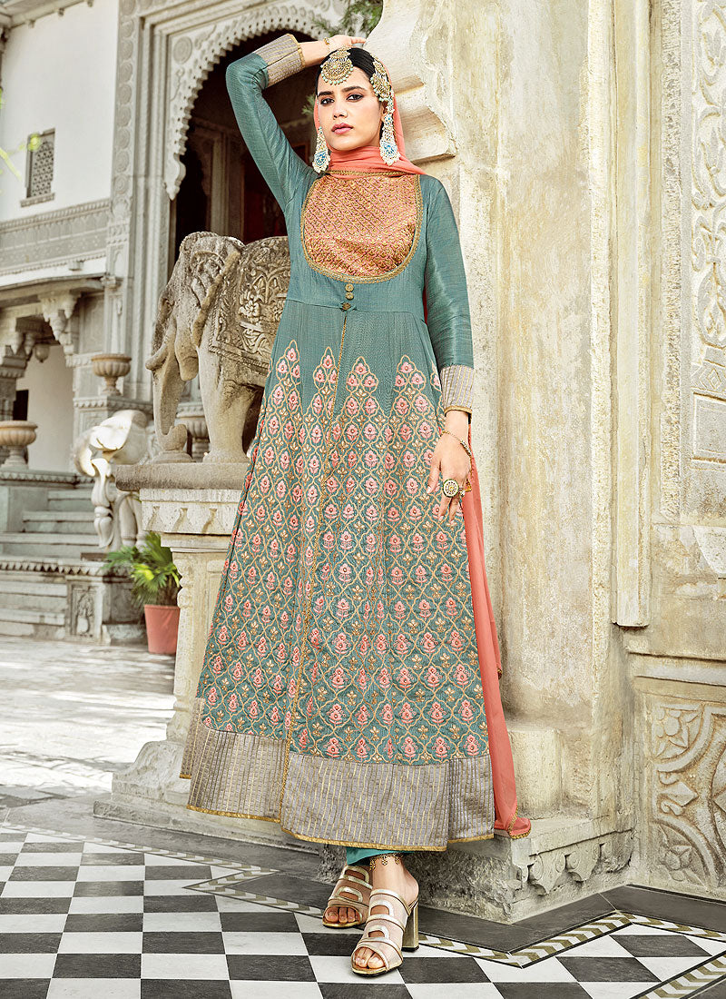 Buy a Bottle Green Short Anarkali With Pants and Dupatta Online